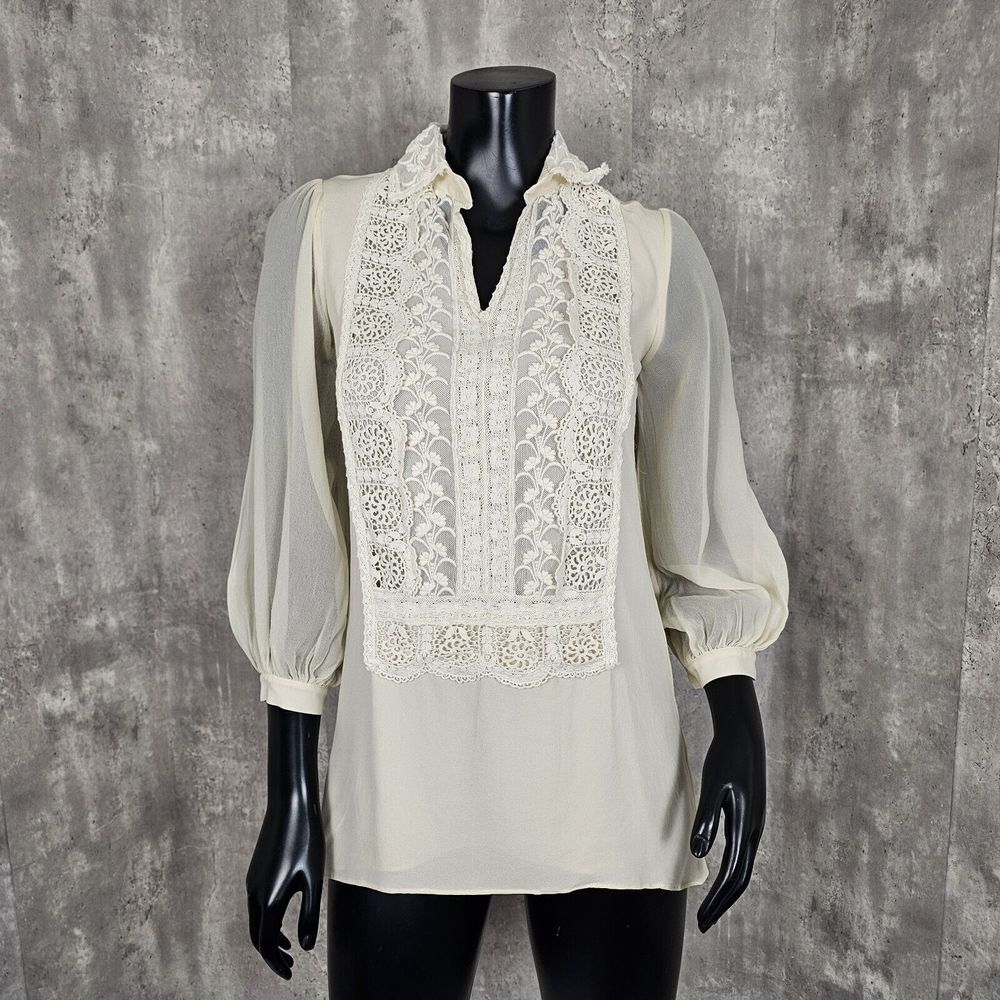 Alice + Olivia Womens XS Cream Silk Chiffon Lace Bib Shirttail Blouse 3/4 Sleeve